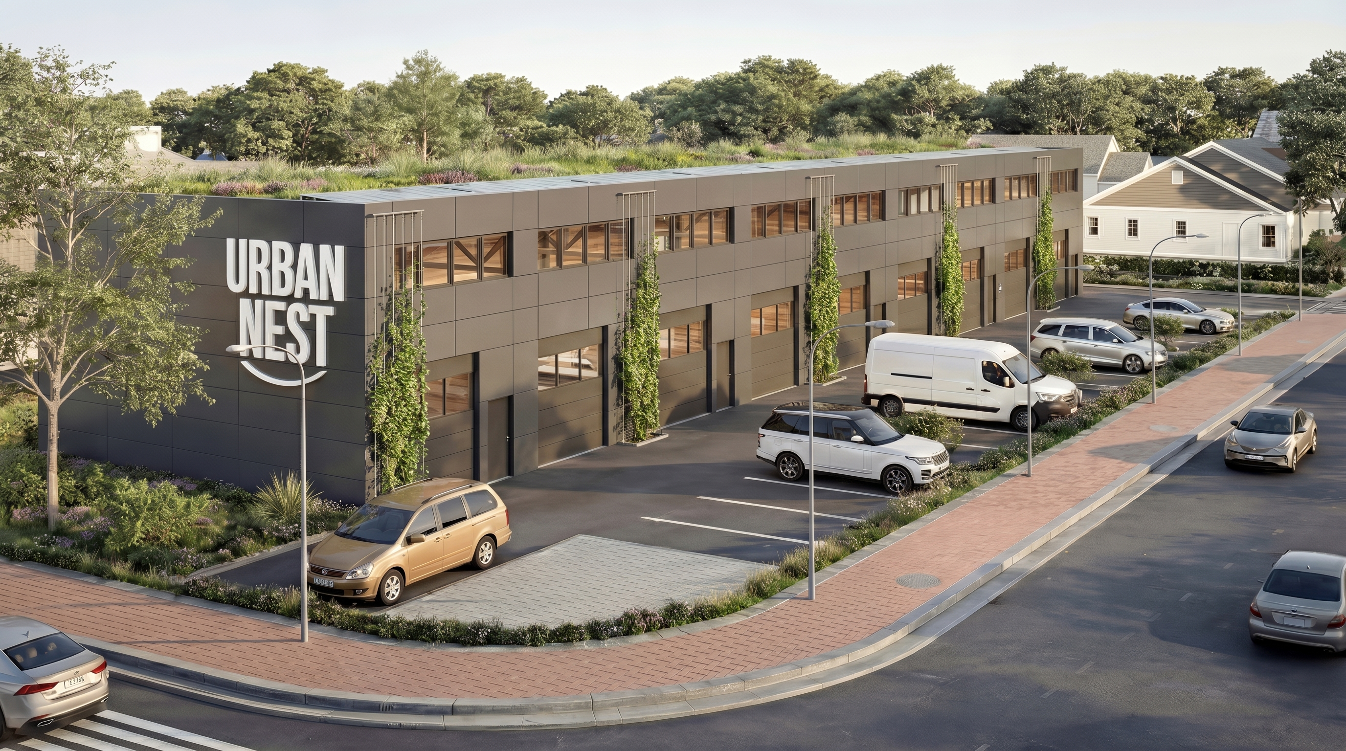 Render des Urban-Nest-Gewerbeparks in Vogelperspektive: zweigeschossiger Neubau mit Gründach, begrünter Fassade und Stellplätzen