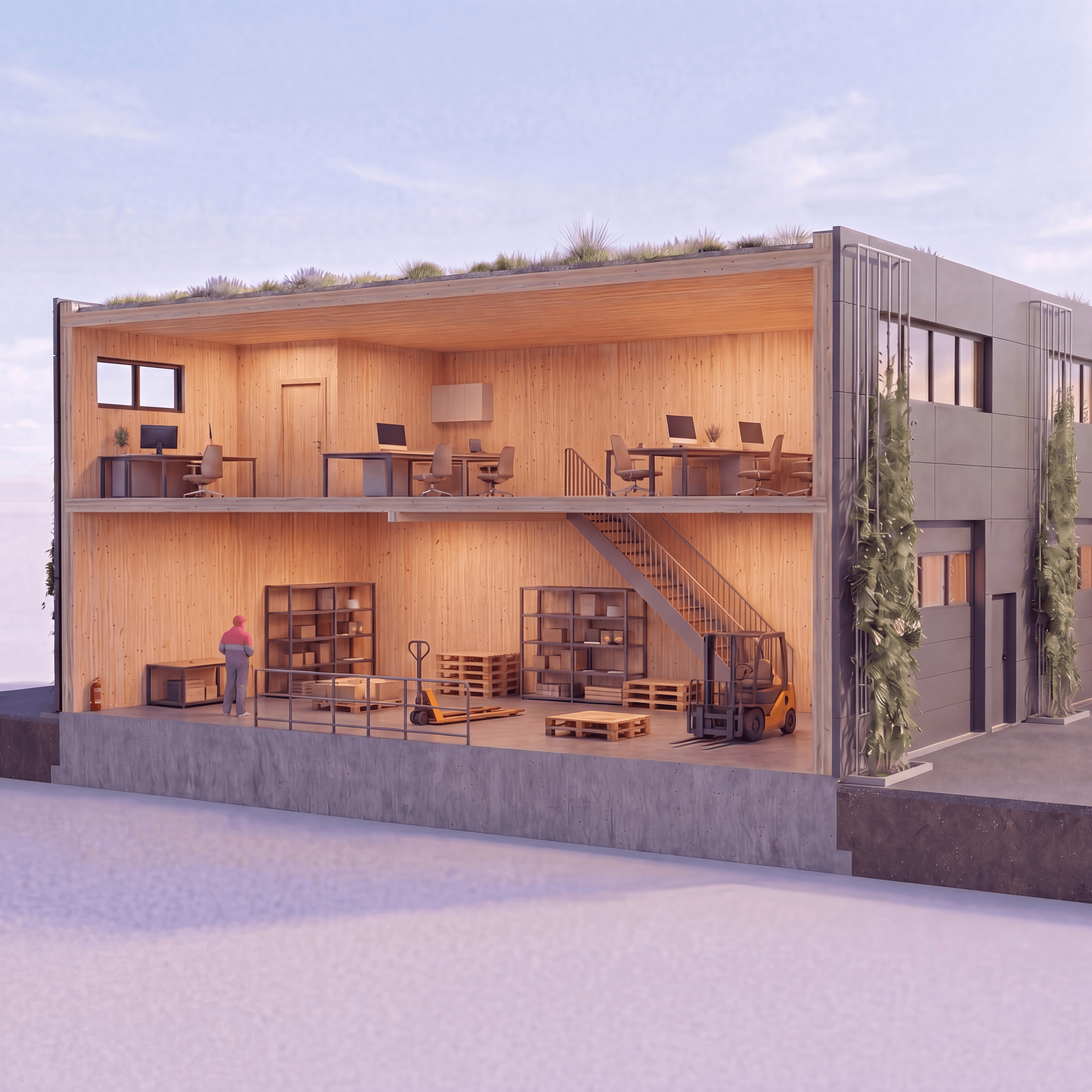 Render Standardmodul Nest: Gewerbeeinheit über zwei Geschosse mit Lager, Werkstatt und Büro